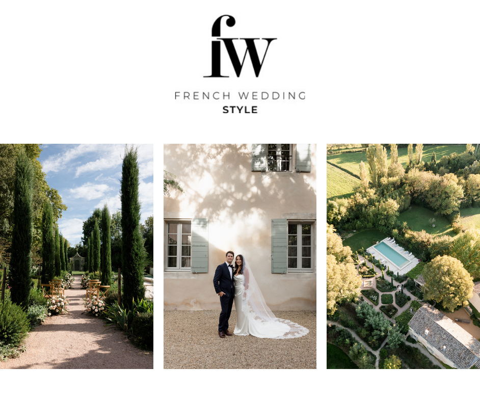 A collage of elegant French wedding venue photos featuring garden paths, manicured hedges, and classic architecture.