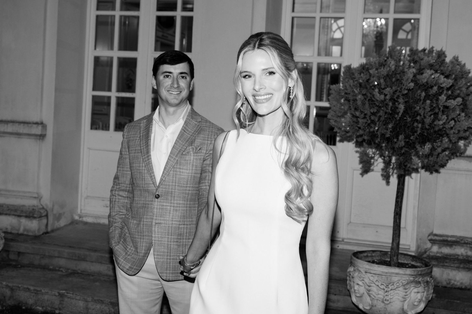 A series of black and white wedding photos showing couples posing together in formal attire.