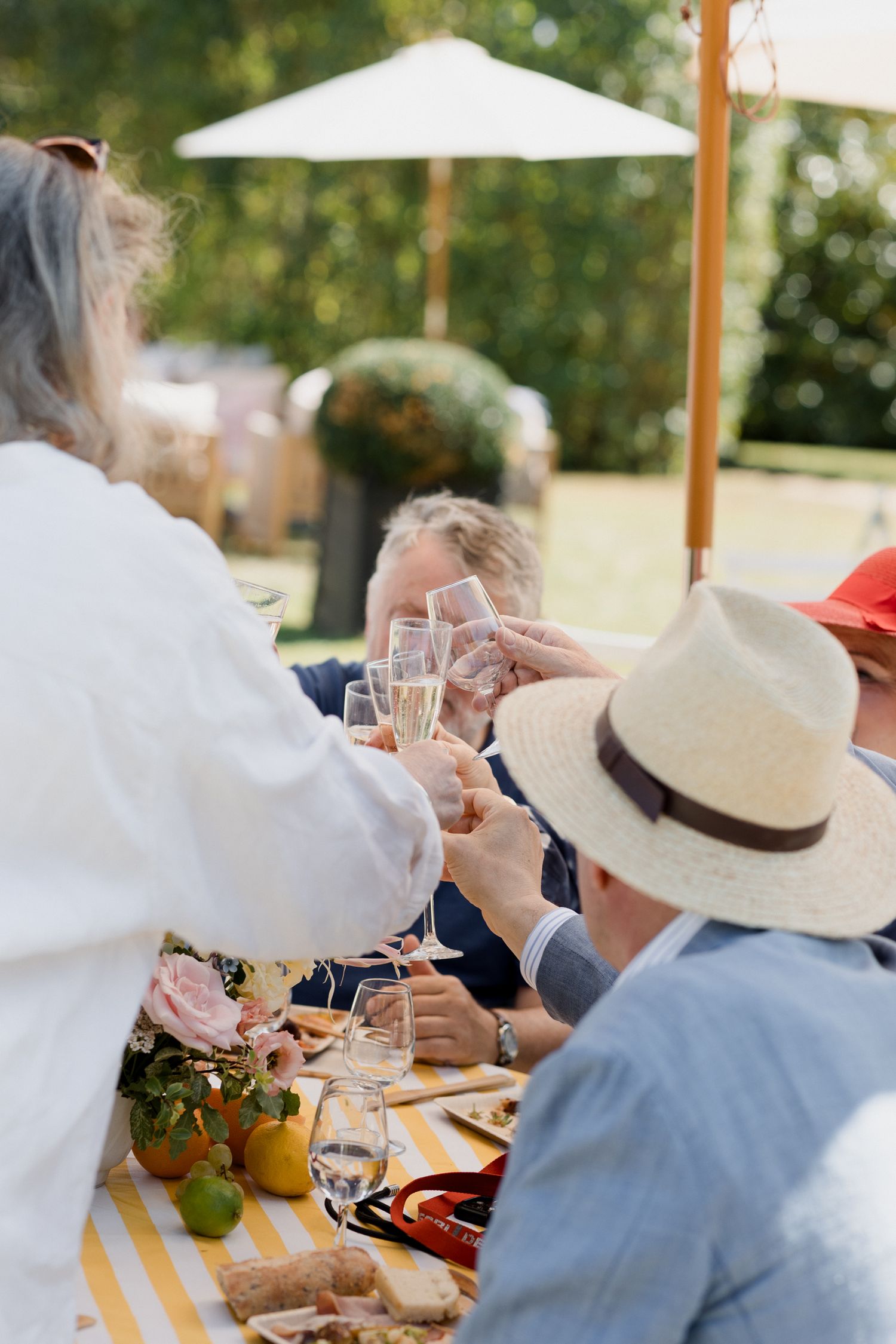 People toasting with wine glasses at an outdoor dining table on a sunny afternoon.