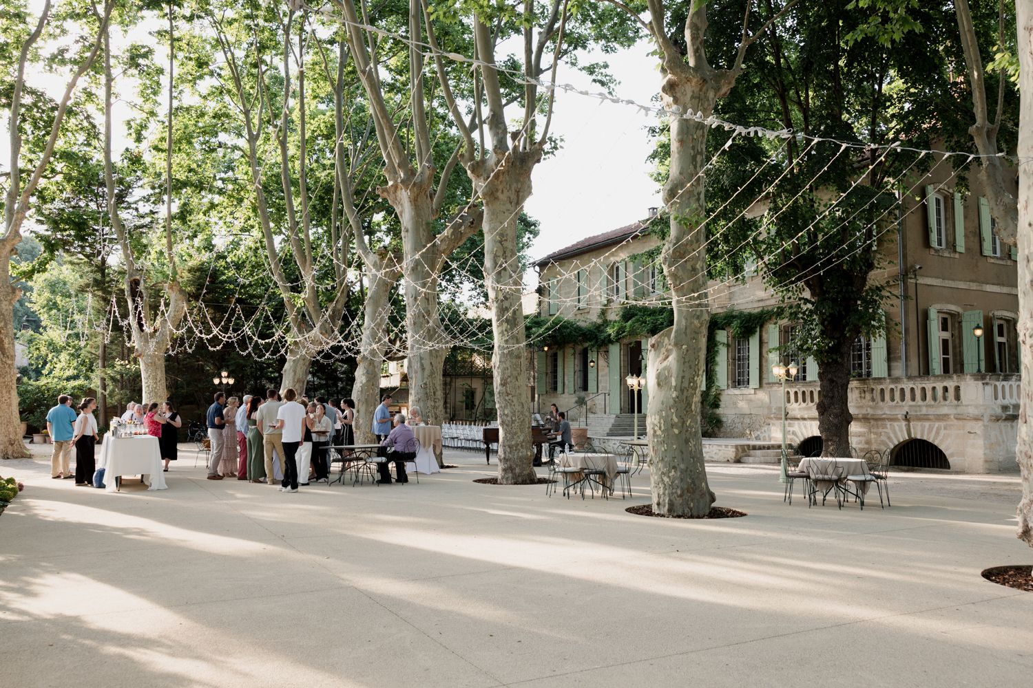 Tree-lined plaza in Stanford University campus showing historic sandstone buildings and pathways on a sunny day. Auberge de la Treille