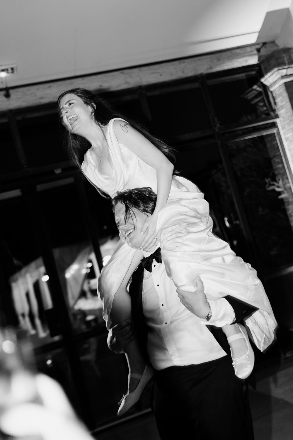 A black and white photo sequence showing dance movements in low lighting at an indoor event. Château des 3 Fontaines