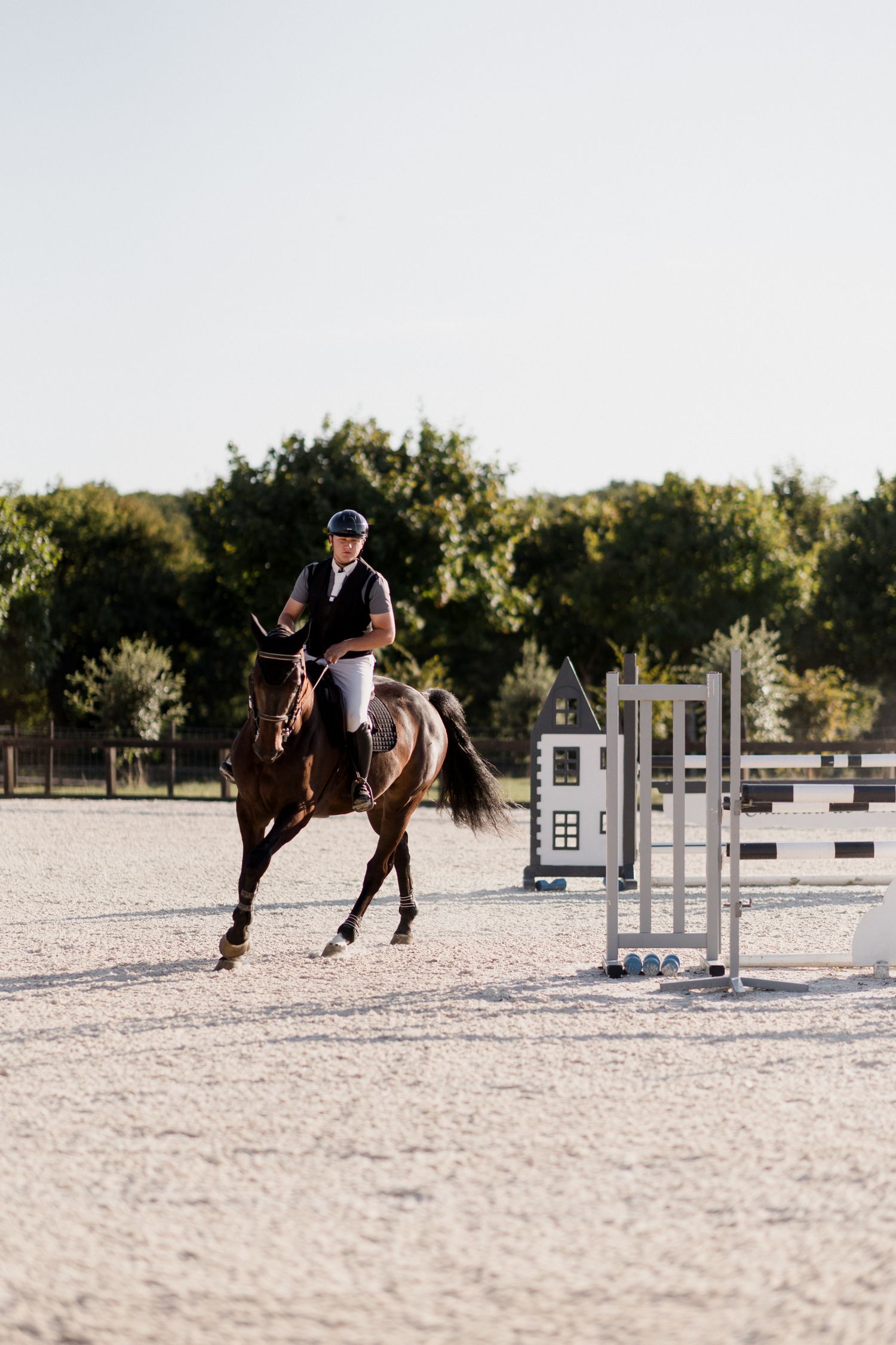 Equestrian rider jumping course on brown horse in outdoor arena with white jumping poles and standards.