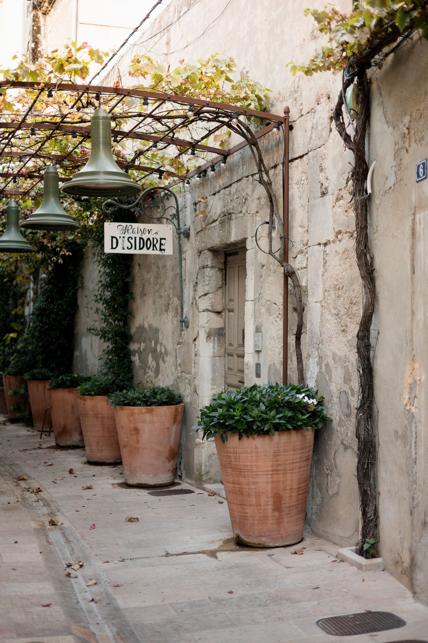 Rustic street corner with vintage lamp post and terracotta planters under a vine-covered pergola in Saint-Tropez.