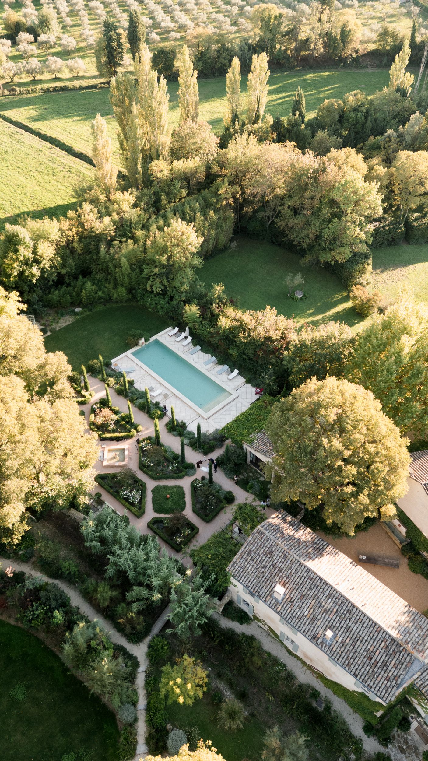 Aerial view of a luxury estate with manicured gardens and rectangular swimming pool surrounded by tall trees.