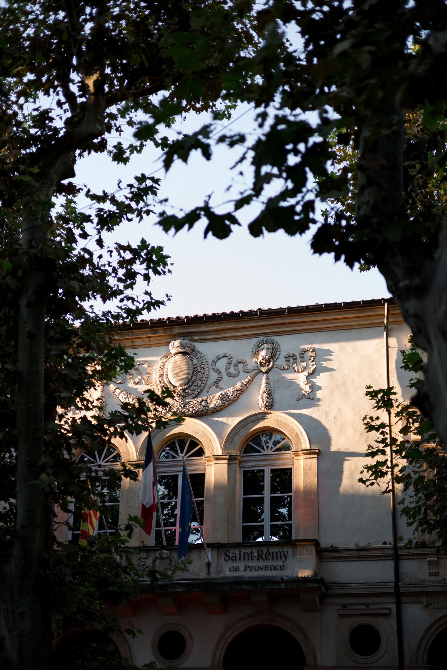 Historic building facade with arched windows and ornate architectural details captured through tree branches. Saint Remy de Provence
