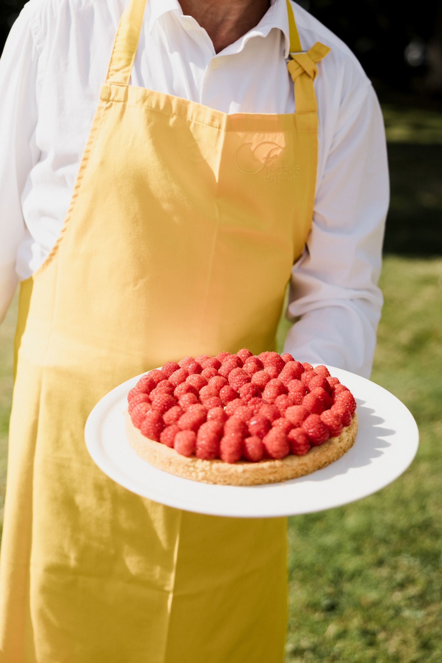 Person in yellow apron and white shirt holding a fresh raspberry tart on a white plate. Pool party loire valley