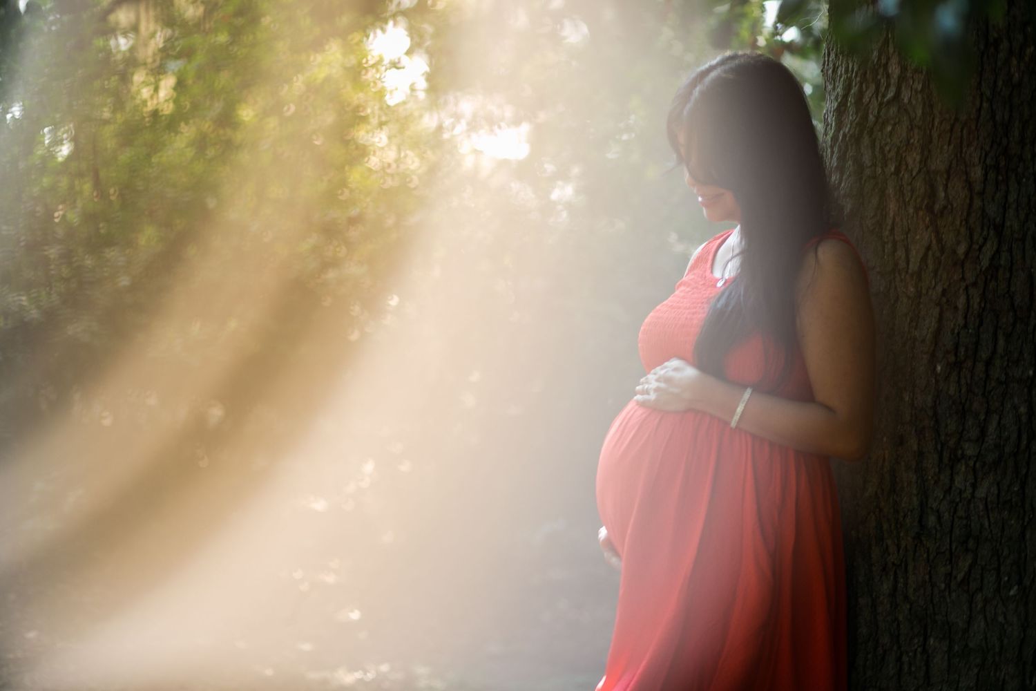 Pregnant woman in red dress leaning against tree in sunlit forest, cradling baby bump in a serene maternity photo.