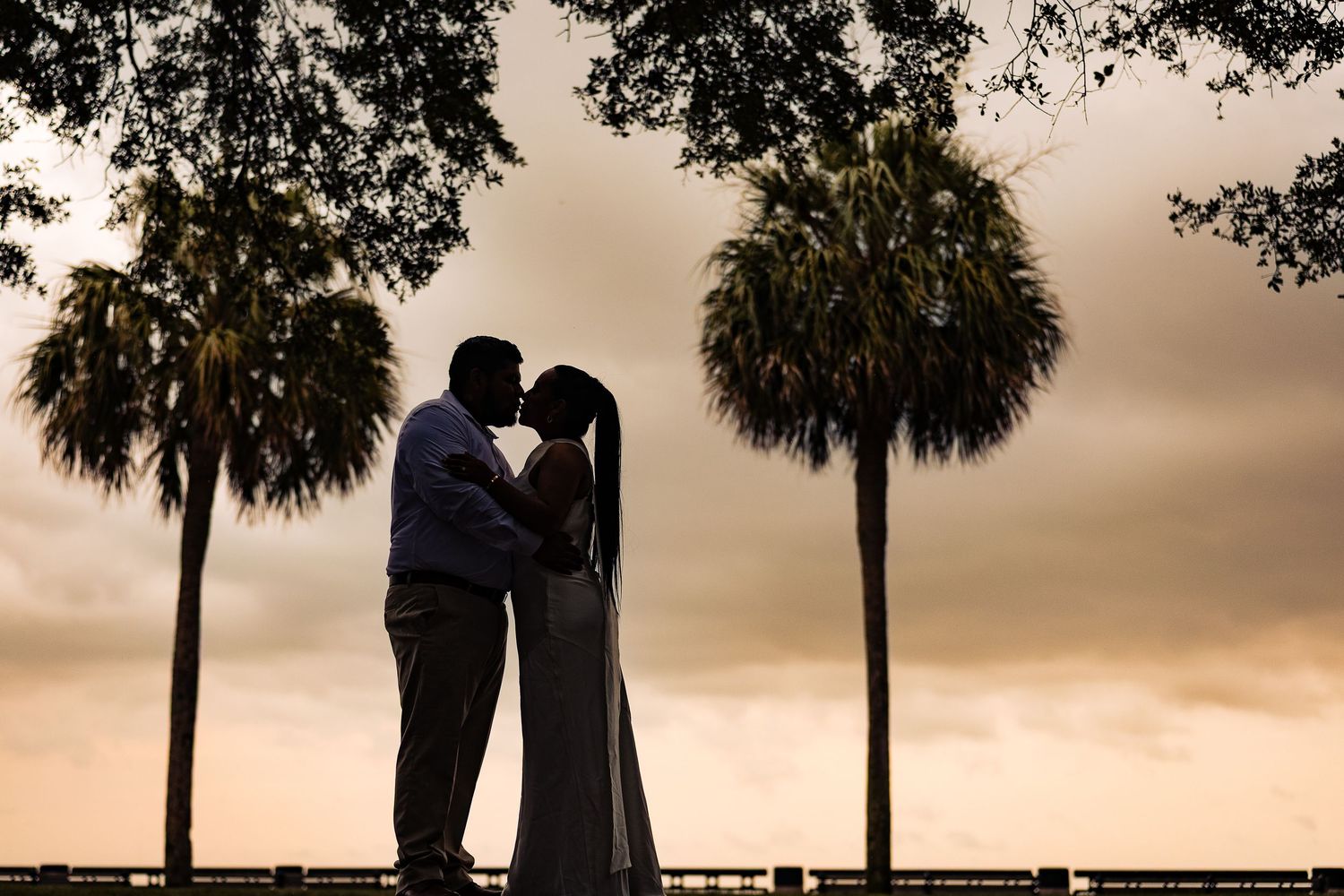 Silhouette of a couple kissing at sunset with palm trees and dramatic cloudy sky in the background.
Charleston, SC