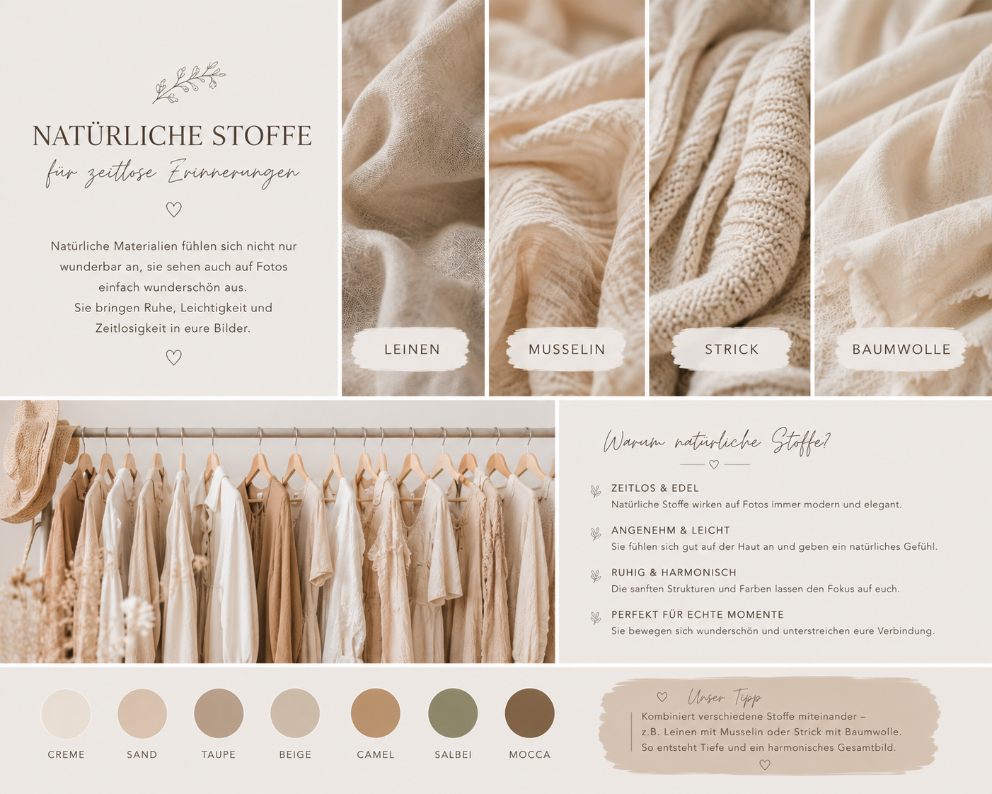 Natürliche Stoffe Moodboard mit Leinen, Musselin, Strick und Baumwolle in Beige- und Cremetönen für nachhaltige Mode.
