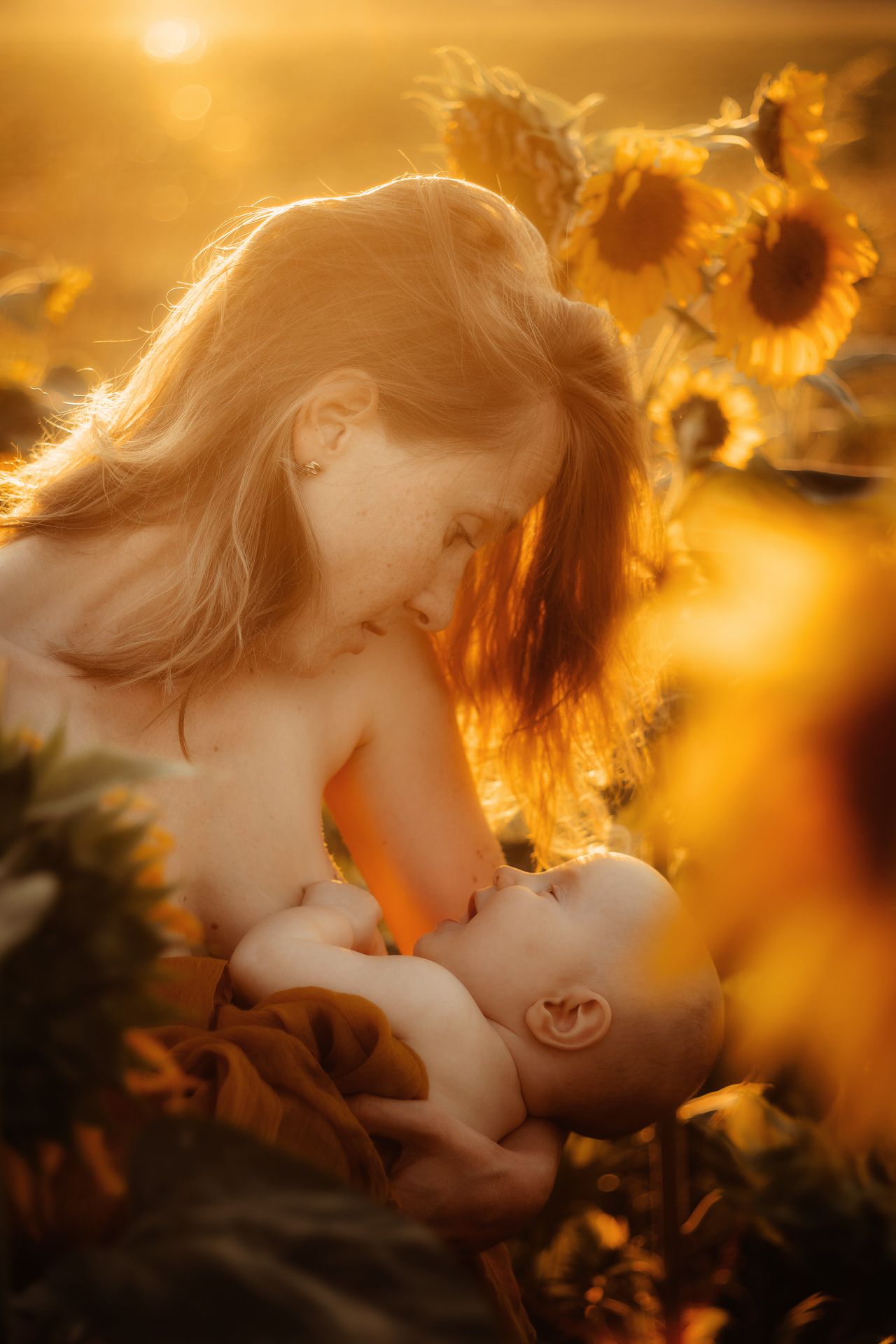 A tender moment captured in golden sunlight with sunflowers creating a dreamy summer atmosphere.