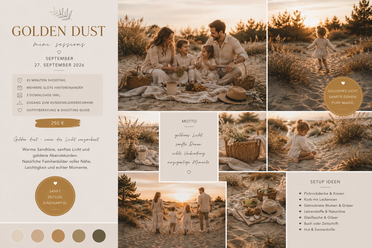 Golden Dust family photography session at sunset on a beach, warm tones, boho style, September 2024.
