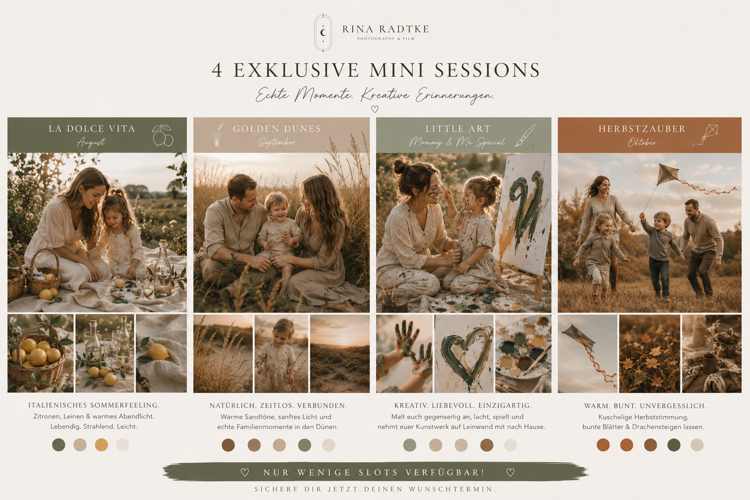 Four exclusive mini photography sessions promotional collage featuring warm autumn family portraits in golden tones.