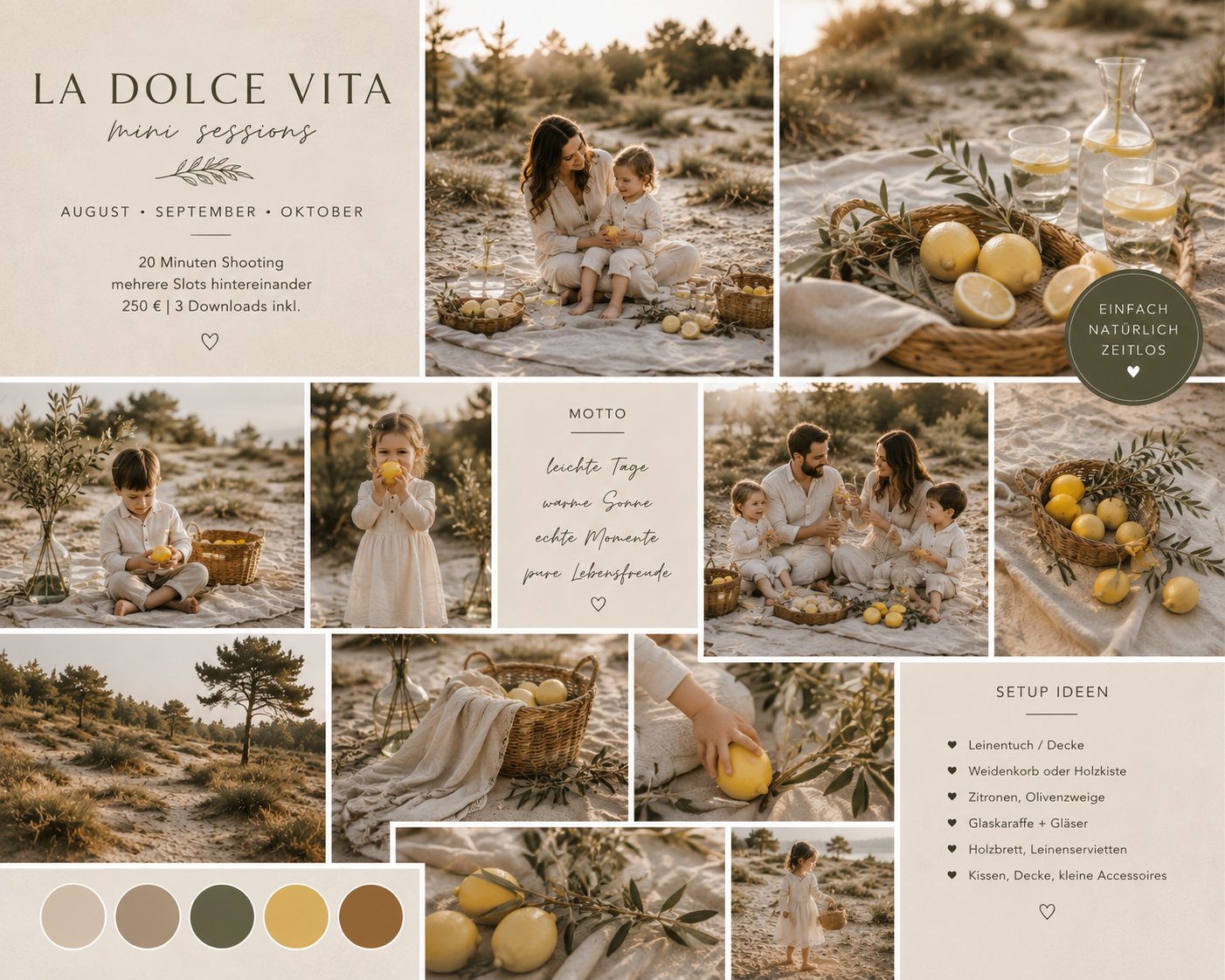 A boho-styled La Dolce Vita mini session mood board featuring family photos, lemons, and earthy tones in an outdoor setting.