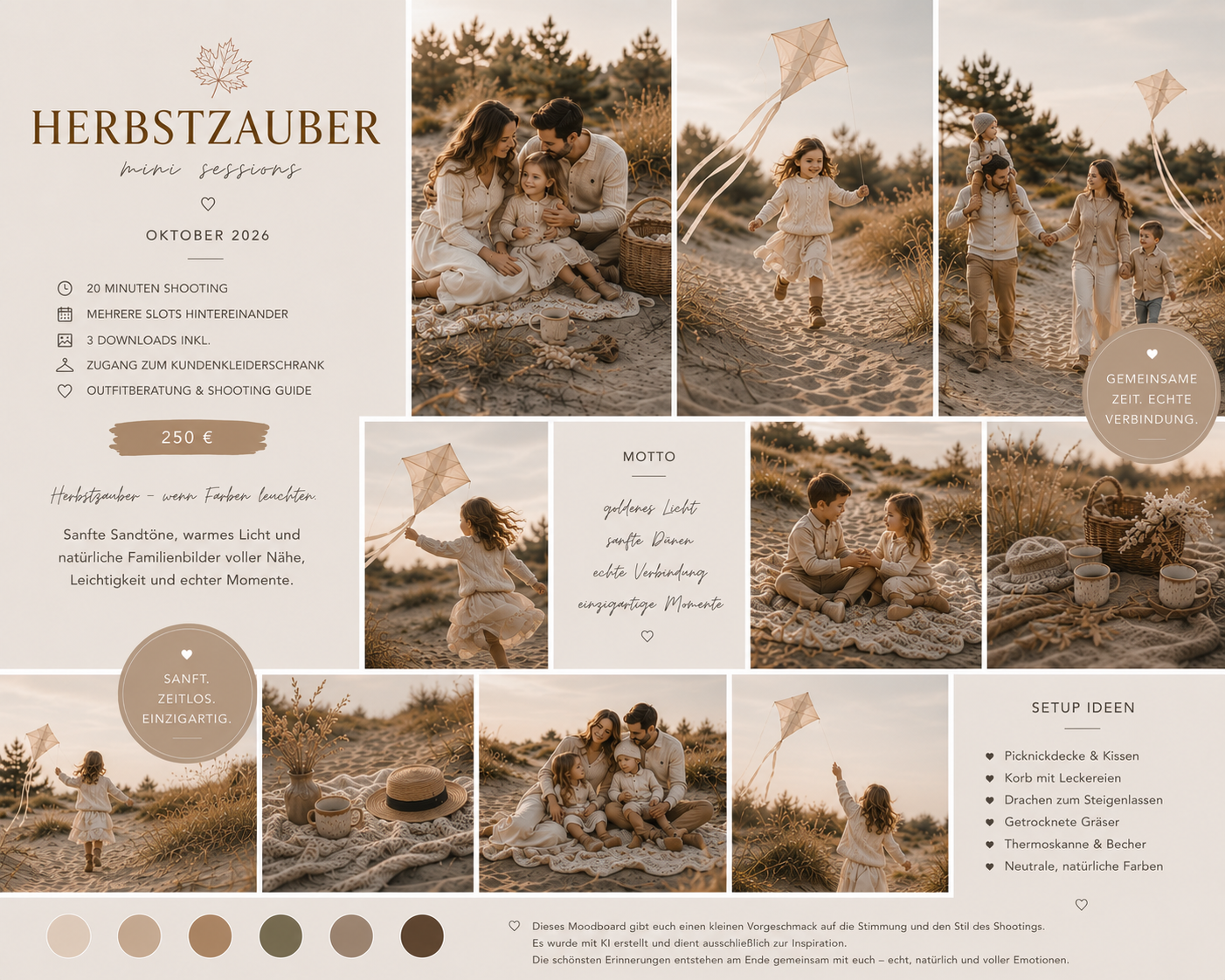A warm-toned autumn family photo session collage featuring golden hour portraits in sandy dunes with pampas grass.