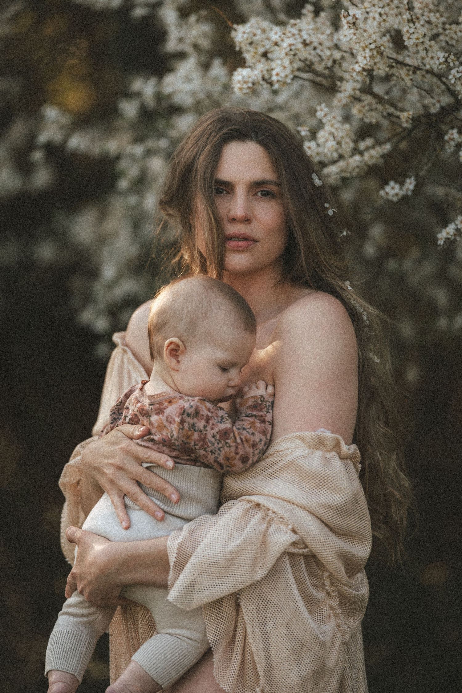 A tender moment between parent and child surrounded by blooming spring cherry blossoms in soft natural lighting.
