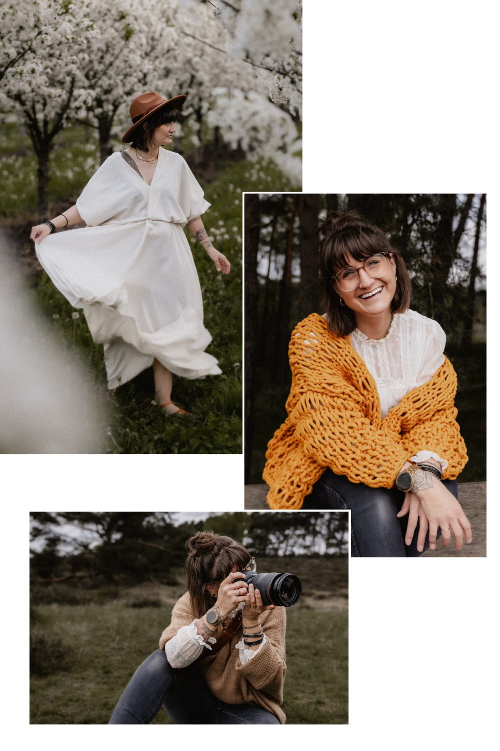 Geburtsfotografie Wiesbaden und Rhein & Main: Fotografin in einem senfgelben Cardigan und weißer Bluse sitzt draußen zwischen Frühlingsblüte