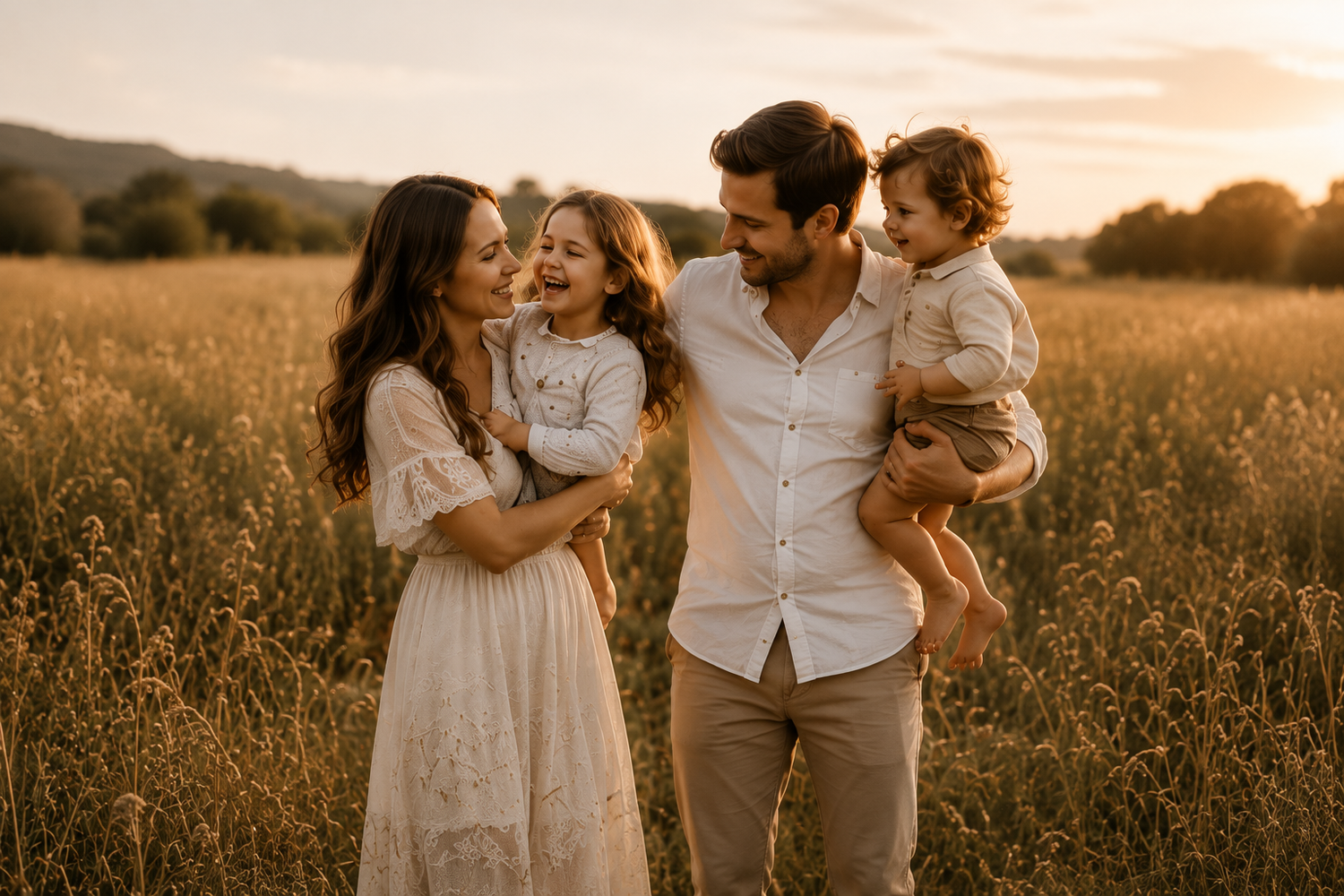 A happy family of four poses in a golden field at sunset, parents holding two young children in warm, natural light.