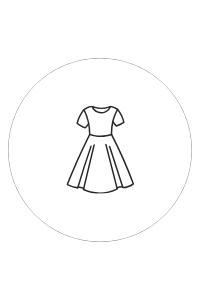 Minimalist line drawing icon of a classic A-line dress with short sleeves inside a circle.