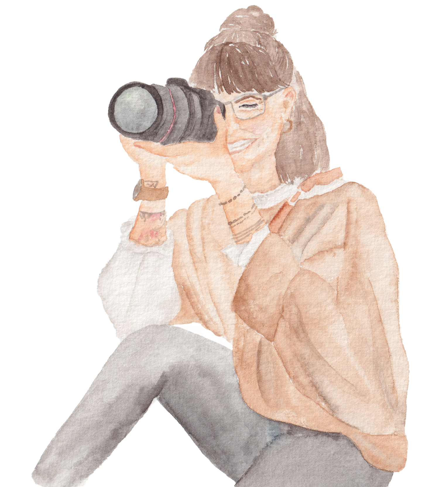 Watercolor illustration of a person in muted tones showing different emotional expressions and poses.