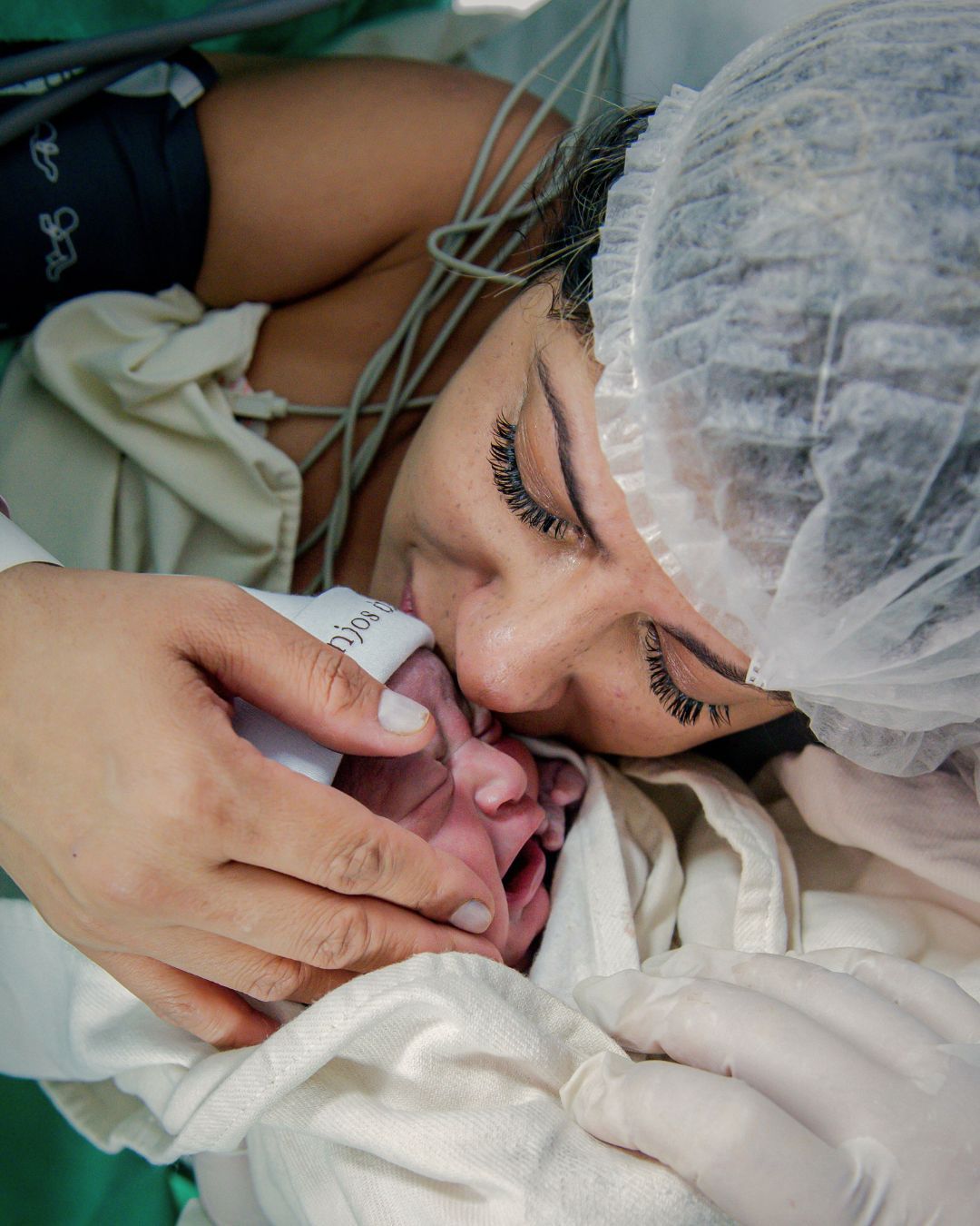 A series of close-up photos showing a medical professional wearing protective gear examining a patient.