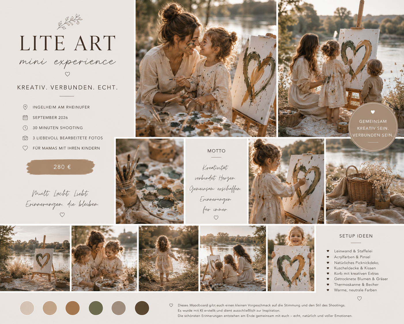 A warm-toned photography mini session flyer featuring a mother and child painting a heart outdoors near water.