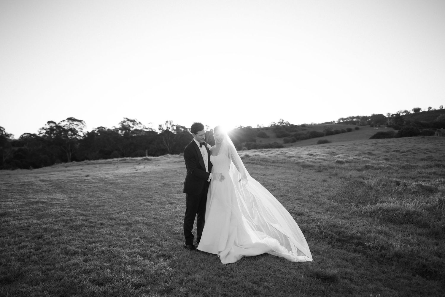 Black and white photo of a bride and groom kissing in a sunlit field with trees in the background.