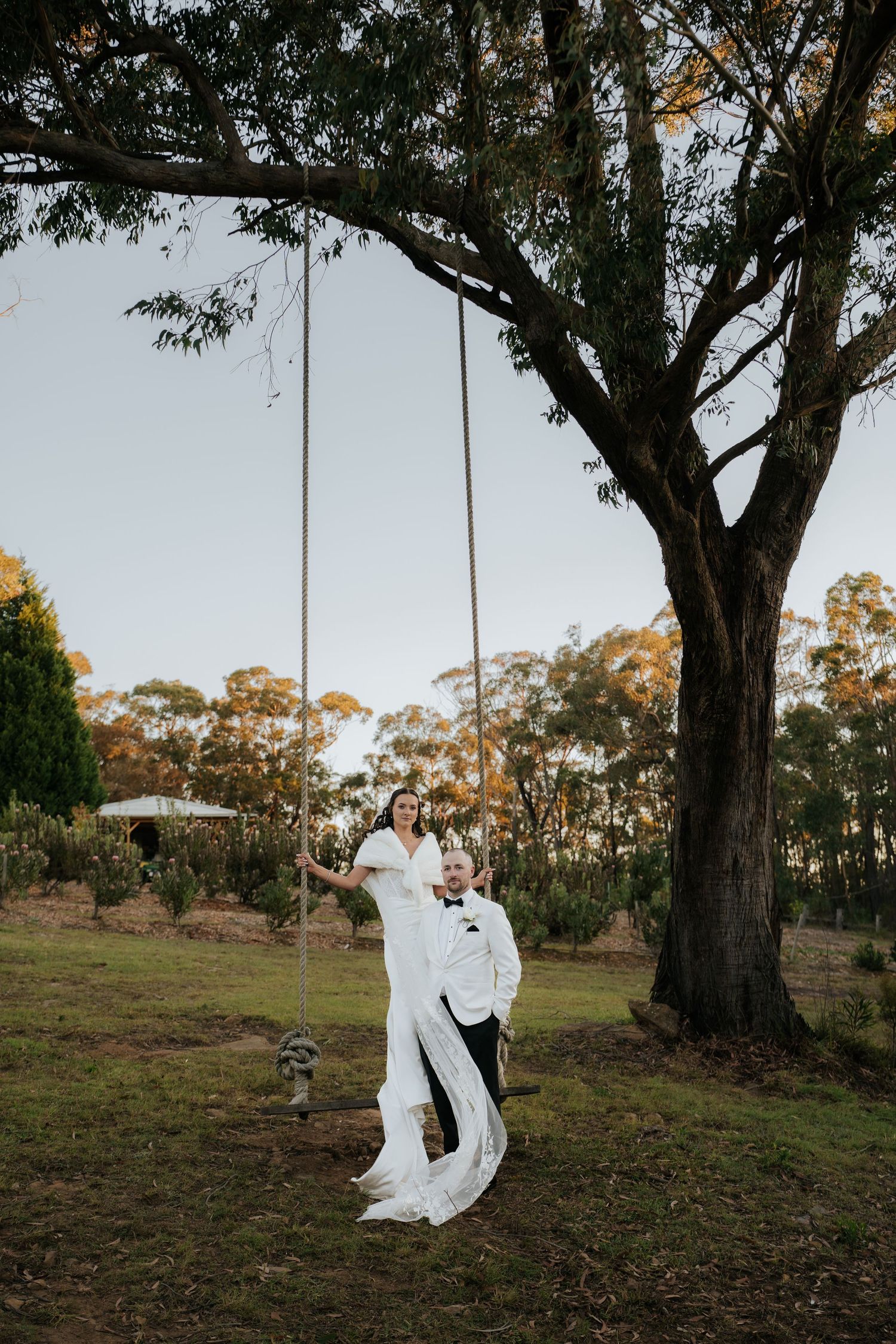 Bride and groom posing beside a rustic rope swing under a large tree at dusk.