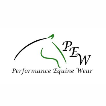 Performance Equine Wear logo featuring a green and black horse silhouette with PEW initials.