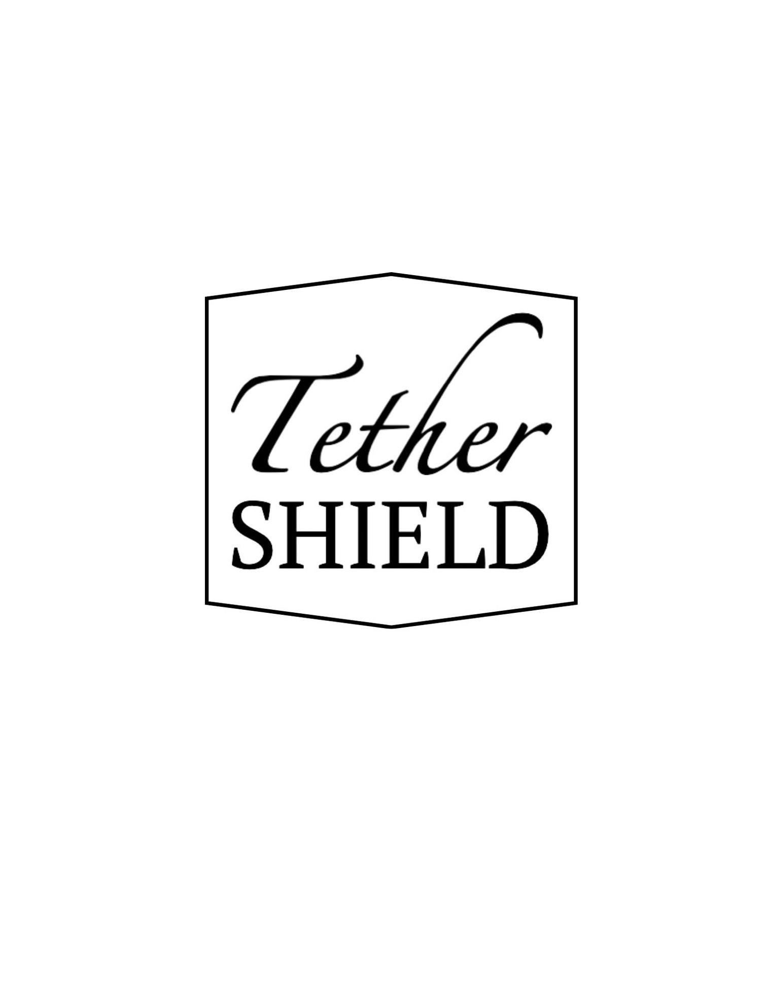Tether Shield brand logo featuring elegant script and bold text inside a geometric hexagon border.