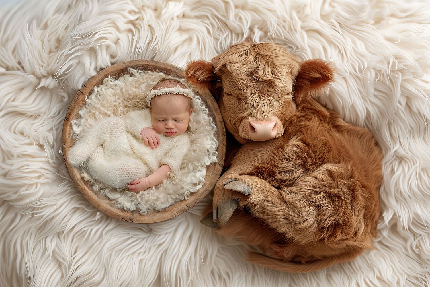 Whimsical digital art of a bay with a baby highland cow, blending innocence, charm and rustic beauty in a heart warming scene.