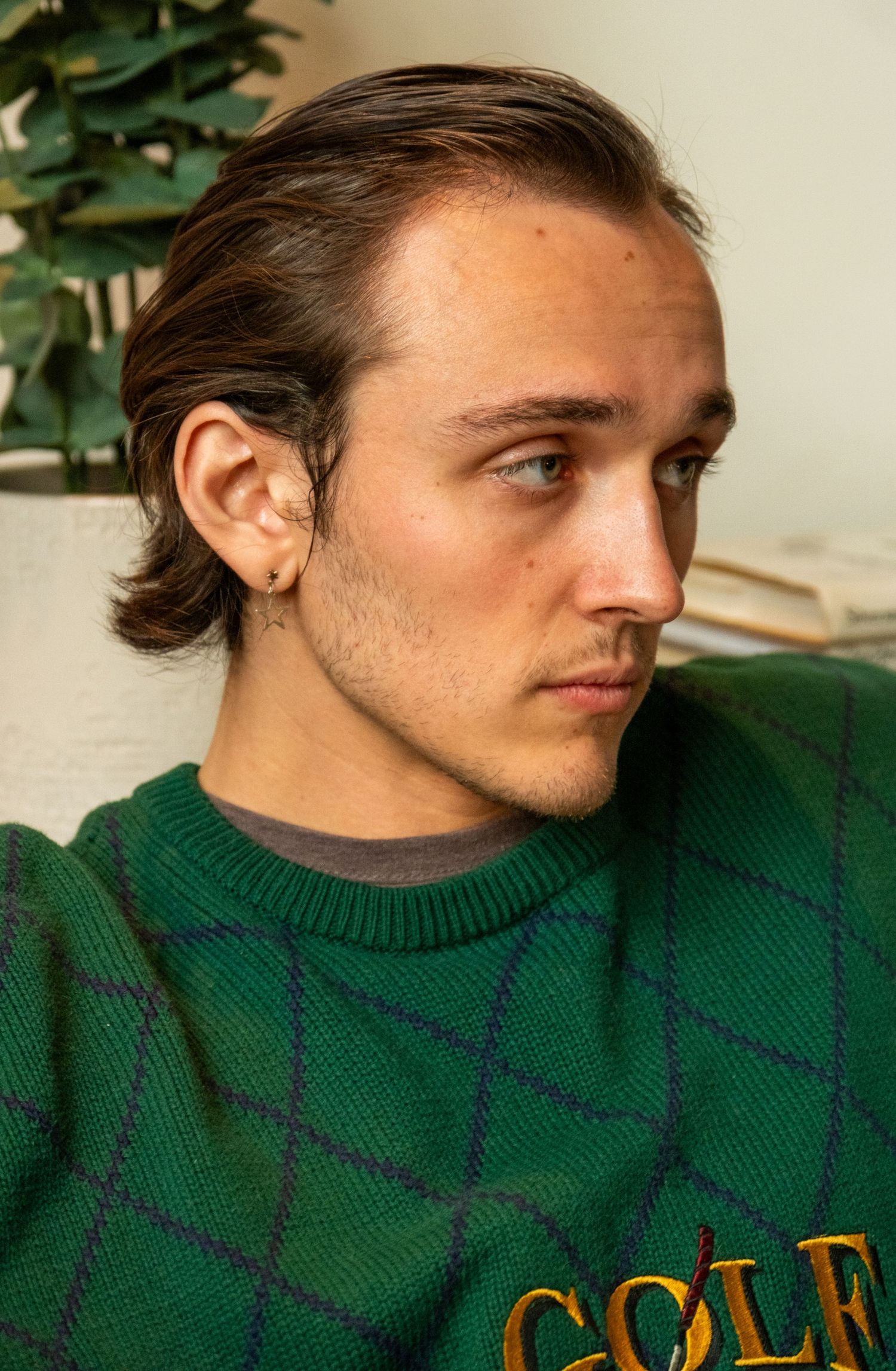 Young man with medium-length brown hair wearing a green diamond-pattern Golf sweater.