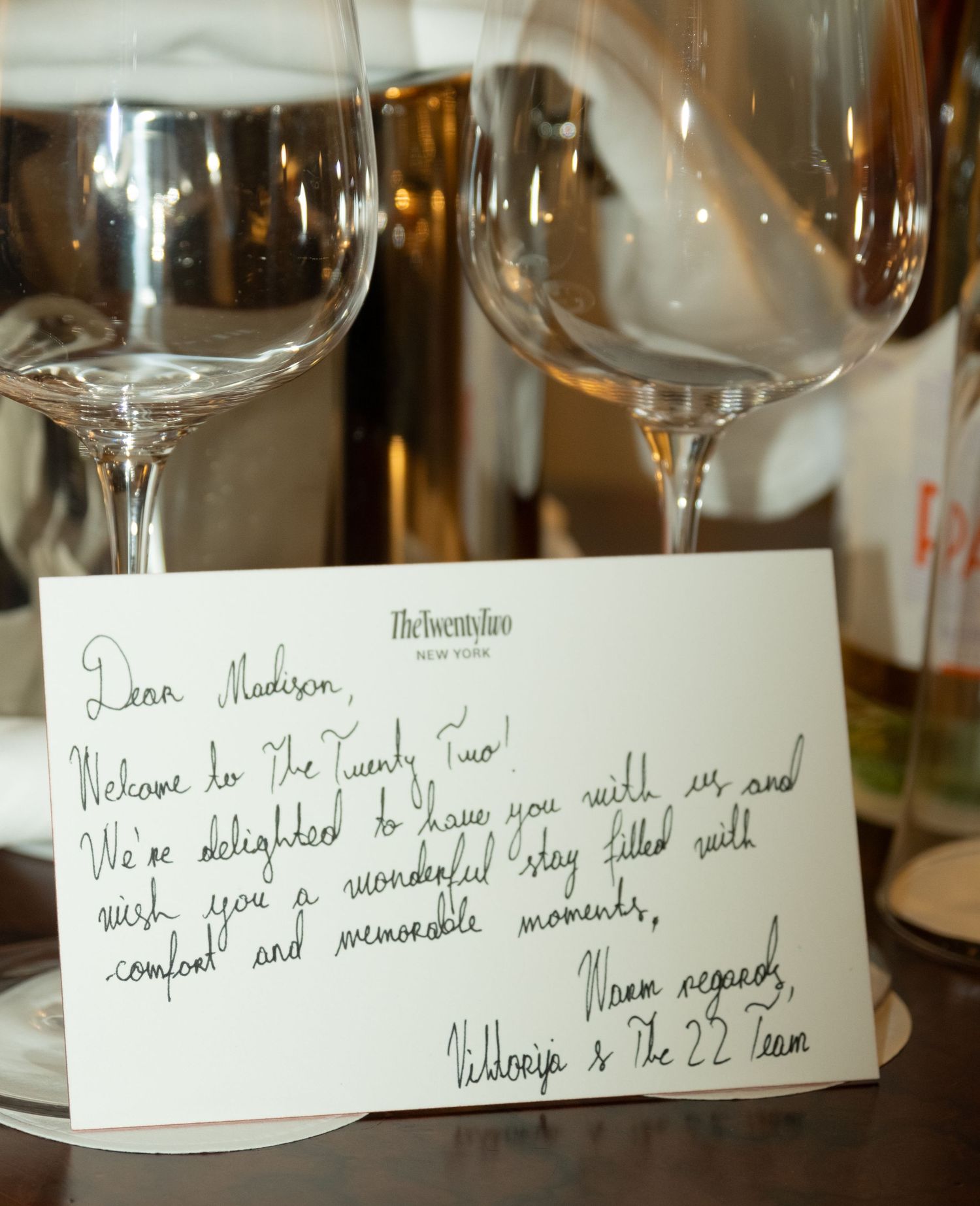 Handwritten welcome note from The Twenty Two New York hotel addressed to Madison on a white card.