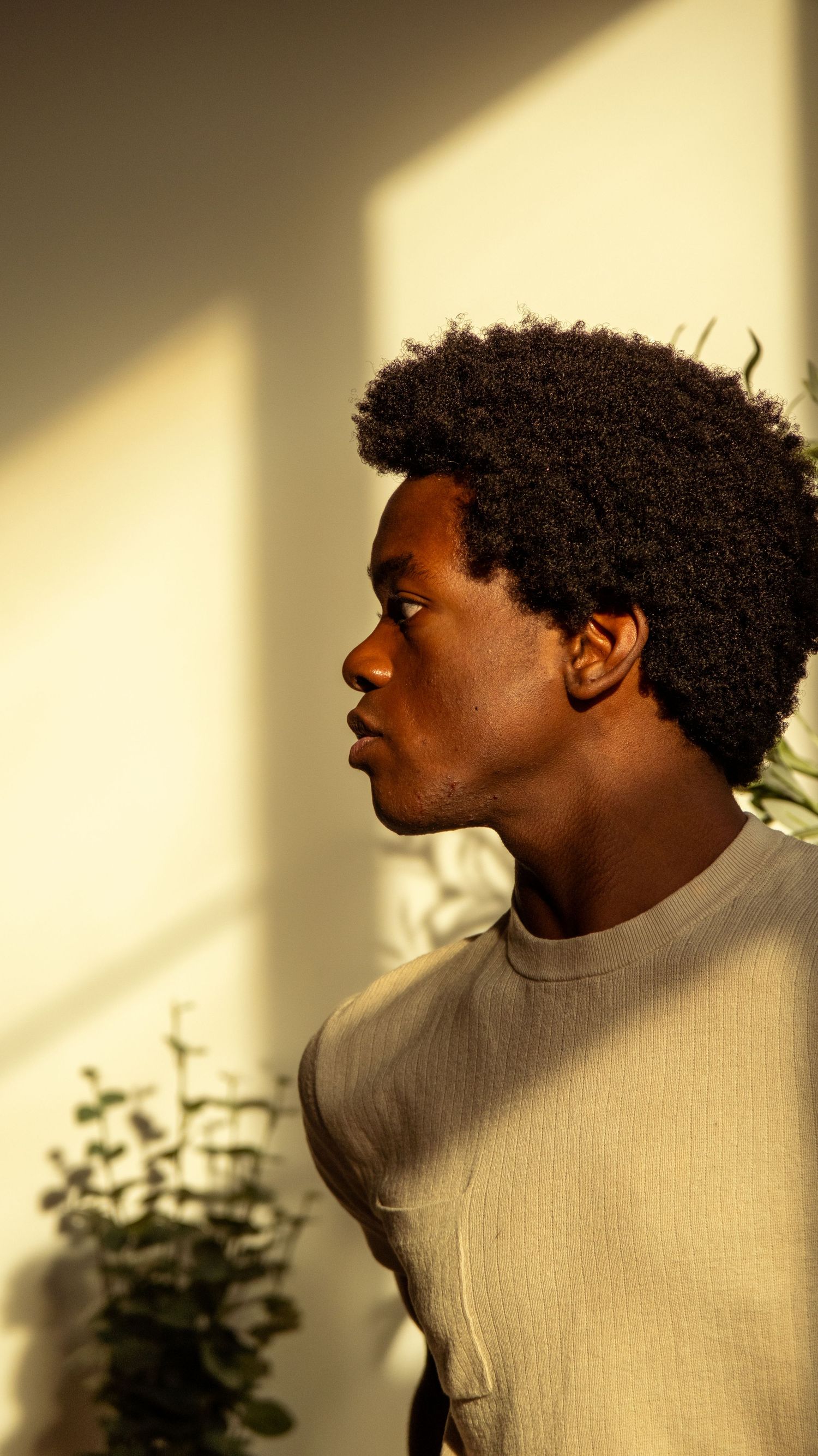 Young Black man with afro hair in a beige crew-neck shirt in warm sunlight.