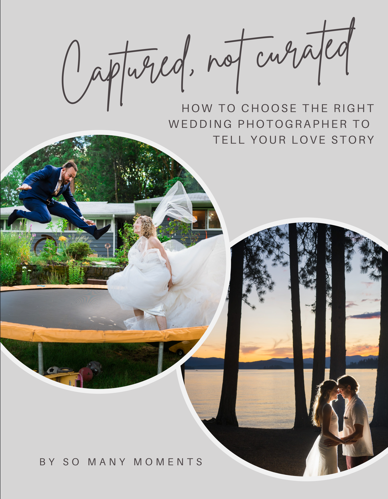A collection of romantic wedding photography moments captured at sunset with couples in elegant attire by a lake.