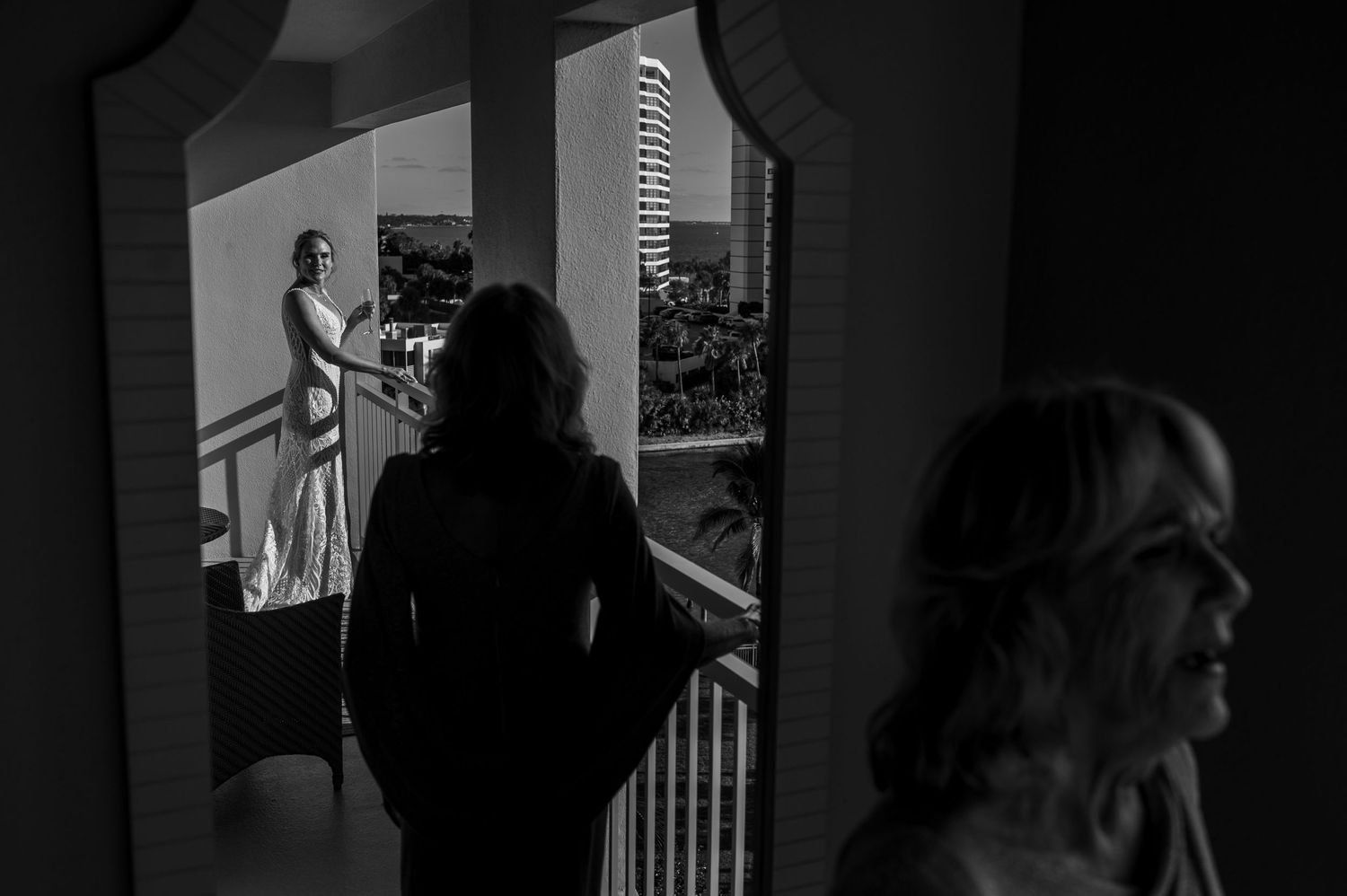 sarasota wedding photography of bride getting ready black and white