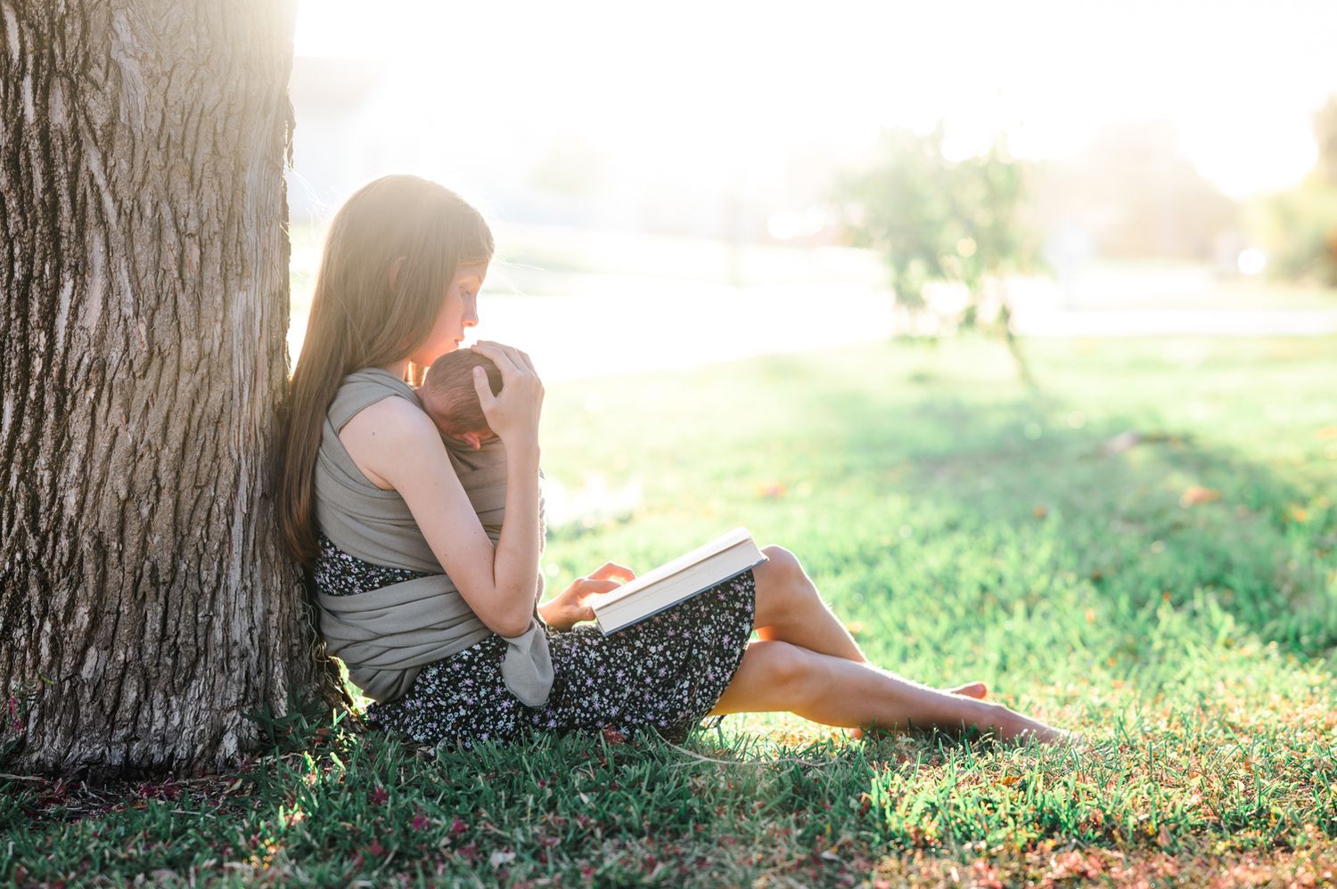 A person sits peacefully under a tree on grass during golden hour lighting.