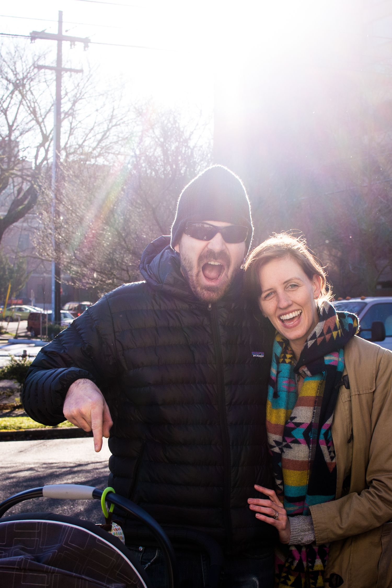 A playful sequence of candid moments captured in a parking lot on a bright winter day.
