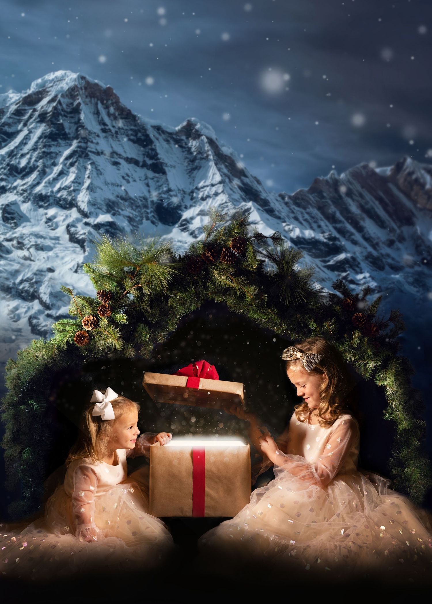 Glowing gift box with red ribbon sits against snowy mountain backdrop creating magical holiday scene.