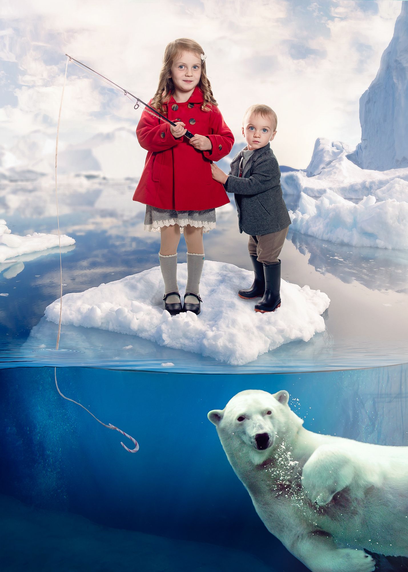 A split-view photo series shows children sitting above water while a polar bear swims beneath the ice in an arctic setting.