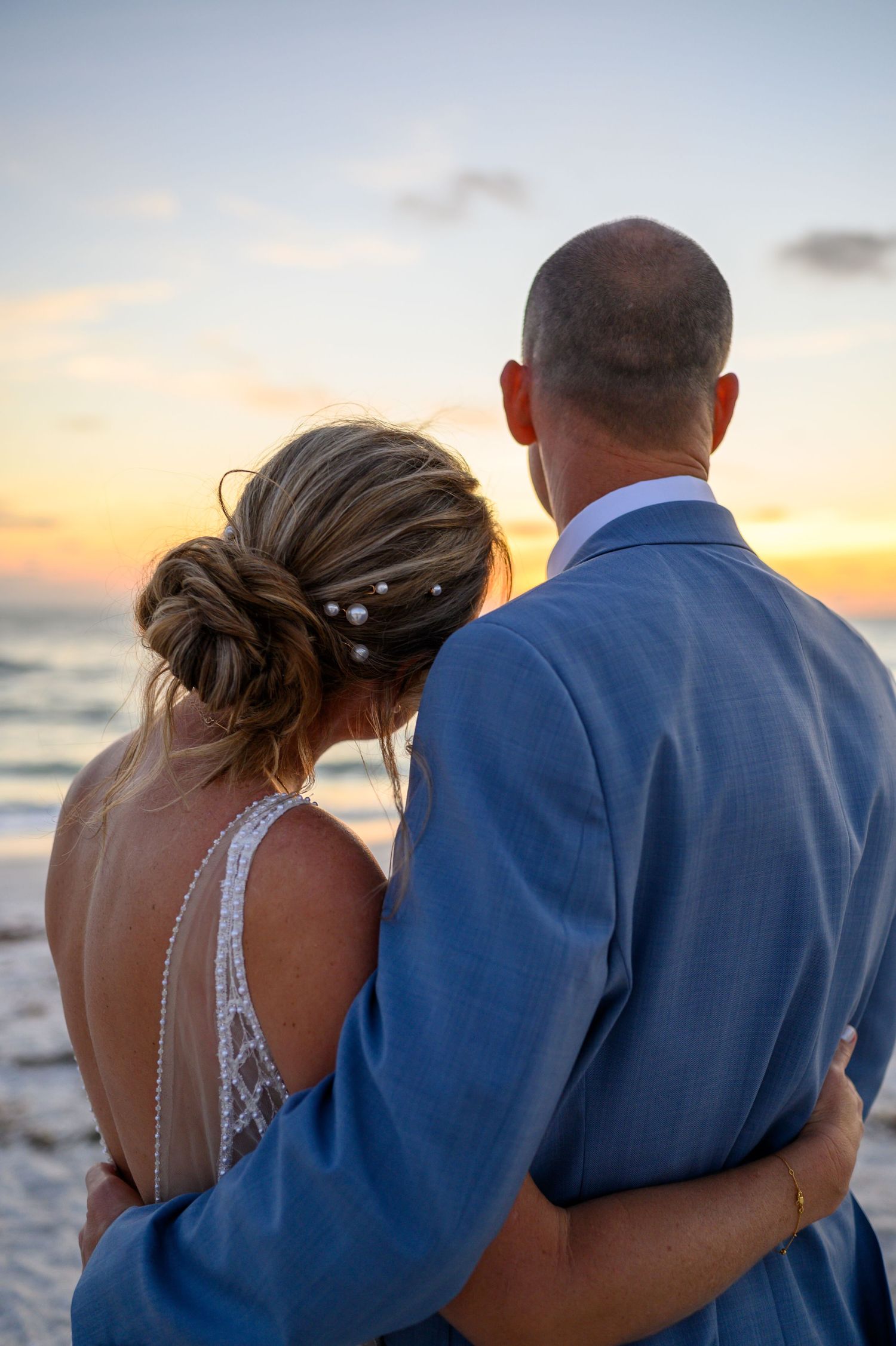 Sarasota wedding photography couple at sunset hair detail
