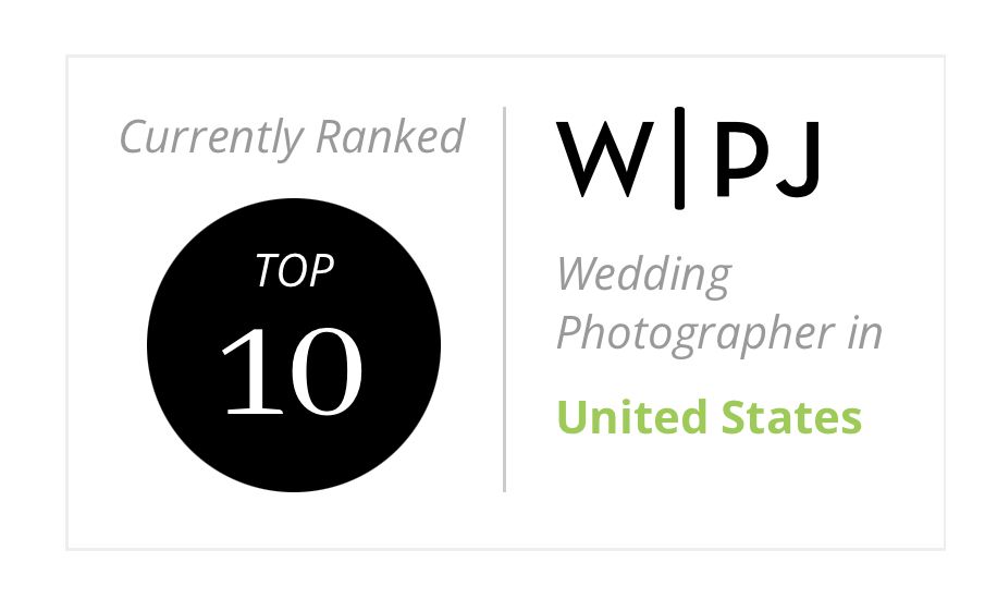 A professional wedding photographer ranking badge showing WPJA logo and Top 10 status in the United States.