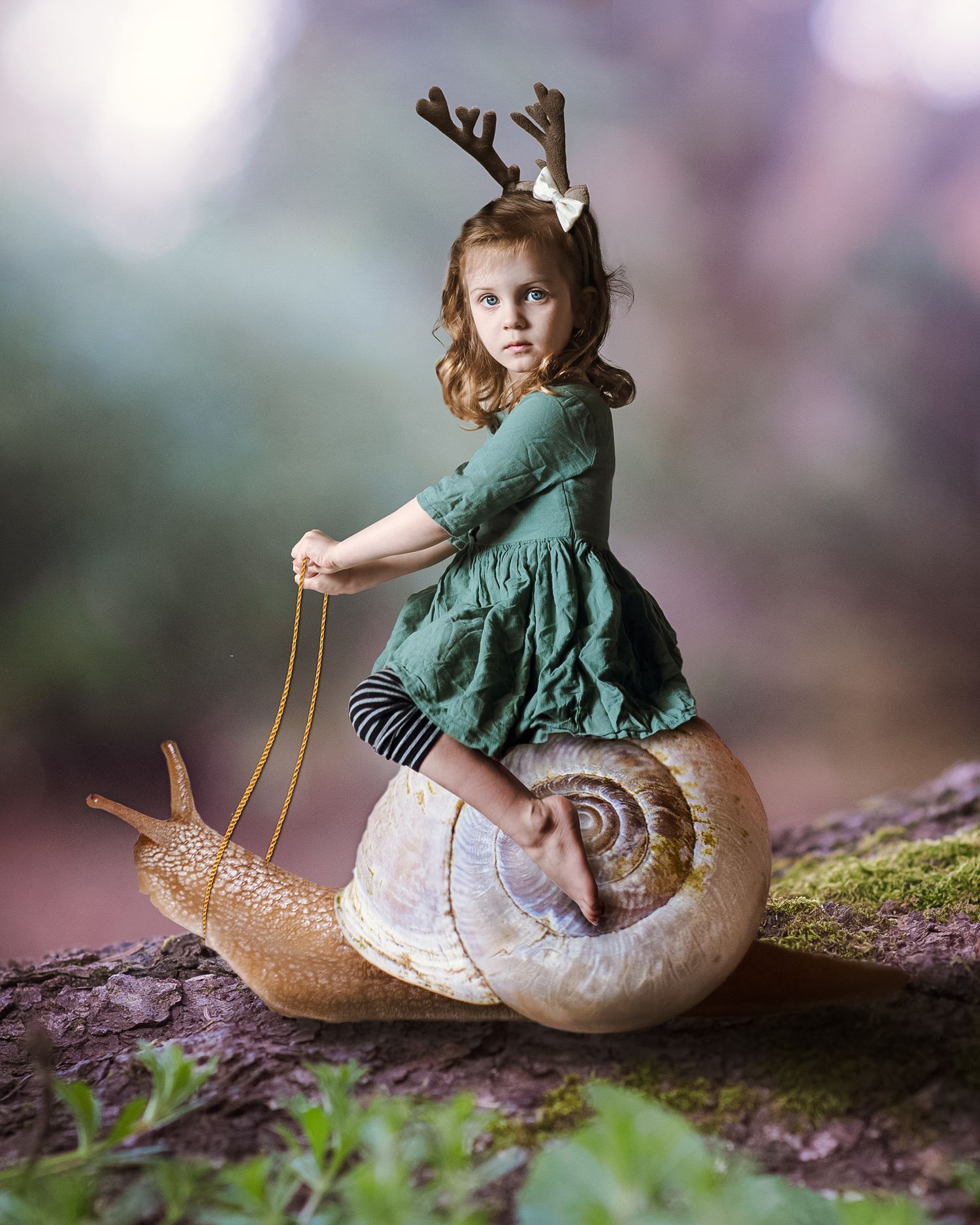 A whimsical photo series shows a child in a green dress perched atop a large decorative snail in a garden setting.