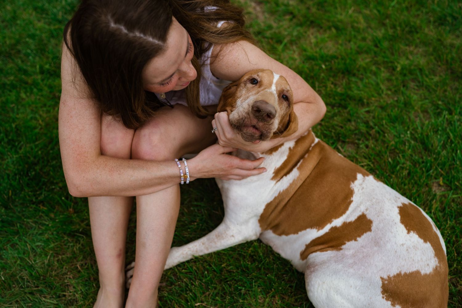 Woman sitting on grass hugging and cuddling with a brown and white Basset Hound dog.