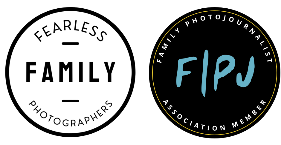 Two circular badges: Fearless Family Photographers and Family Photojournalist Association Member (FIPJ) logos.