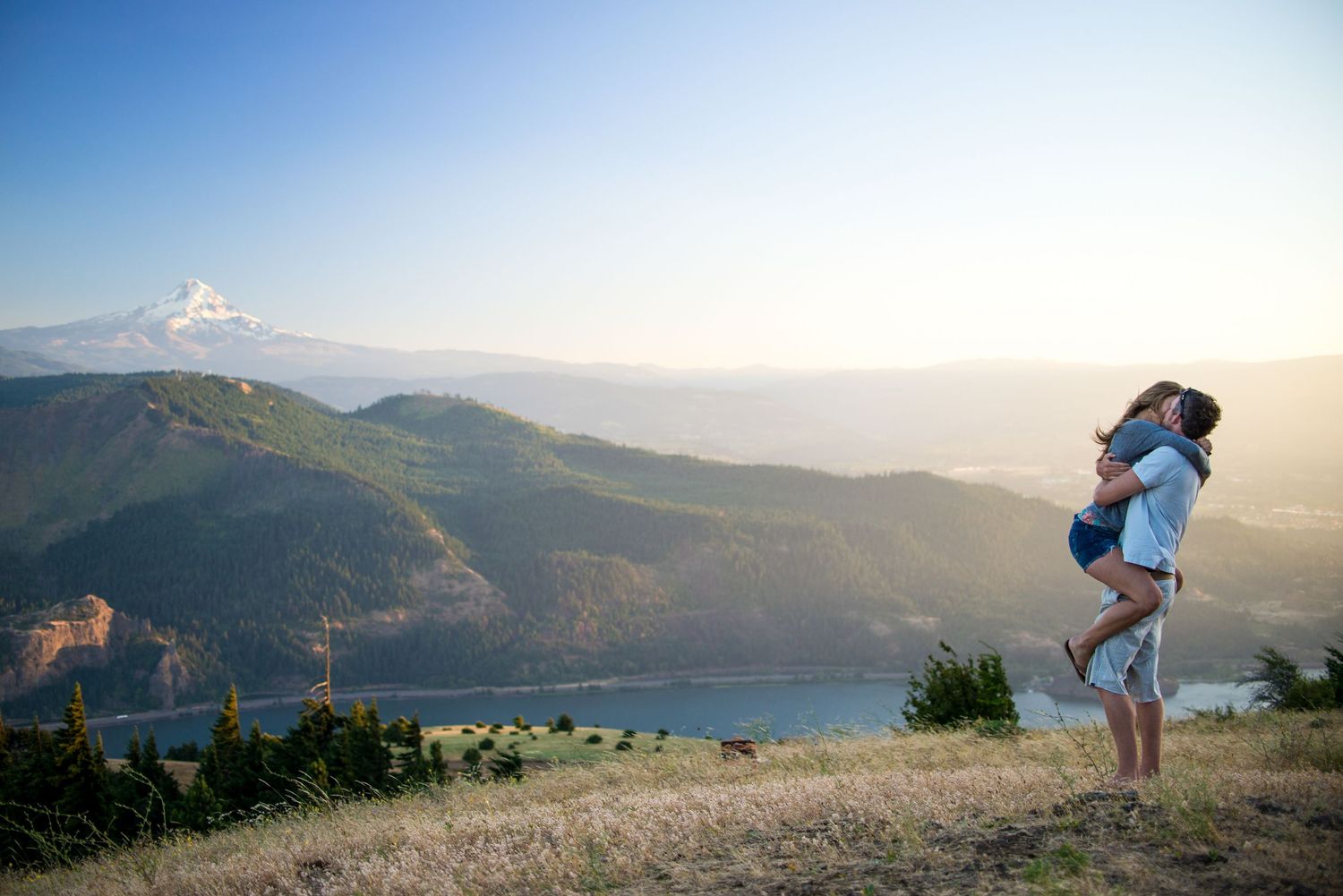A sequence of scenic mountain landscape photos shows a person exploring hiking trails at sunset.