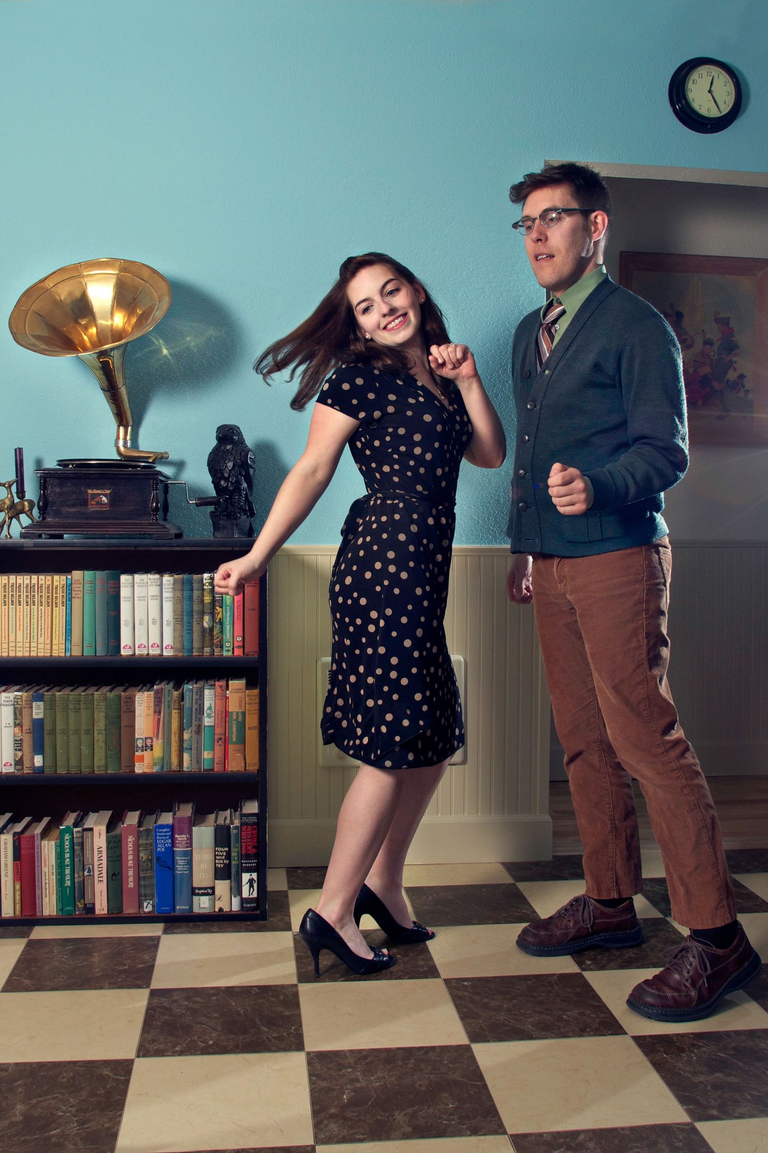 A series of dance poses on a checkered floor with vintage decor and a gramophone in the background.
