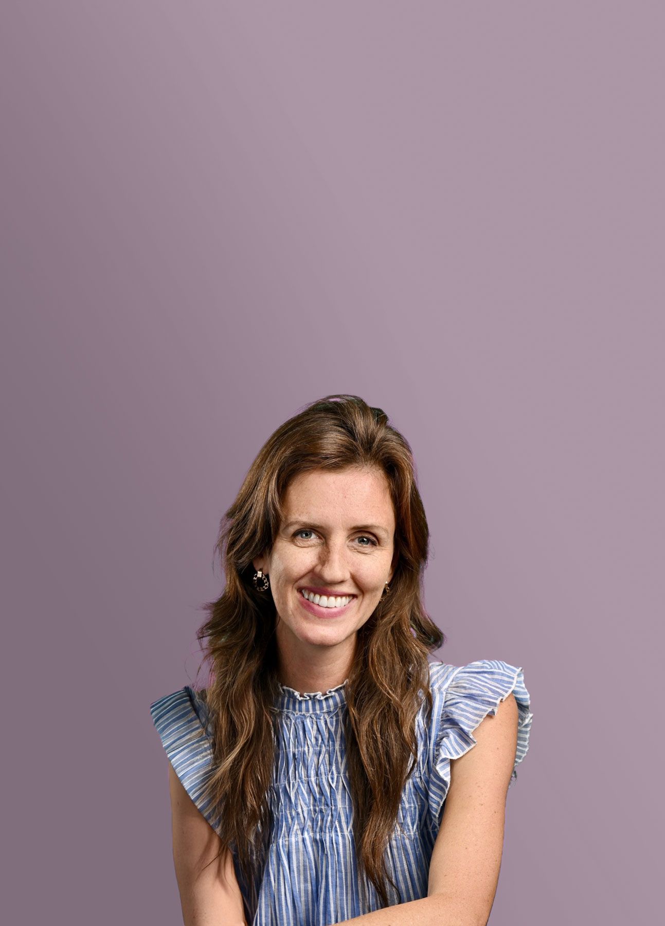 Portrait series showing joyful expressions in a blue ruffled top against purple background.