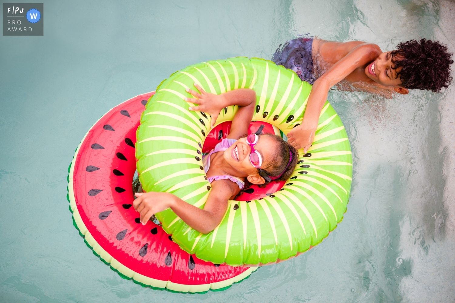 A sequence of images showing someone relaxing on a watermelon-shaped pool float against a light blue background.