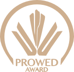 A row of decorative circular award badge logos in gold and brown tones arranged horizontally.