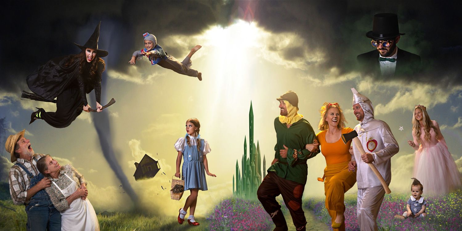 Whimsical composite photo with people jumping and floating against dramatic sunset sky.